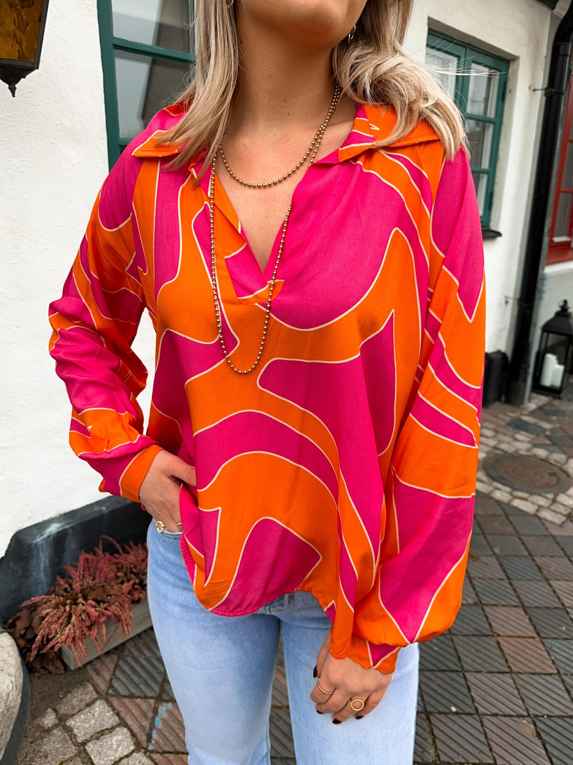 Mönstrad Blus - Cerise/Orange