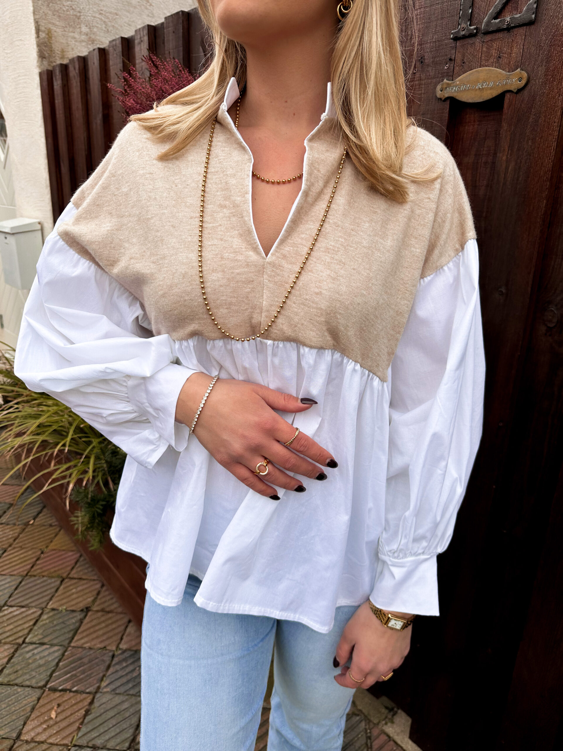 Skjortblus - Beige/Vit