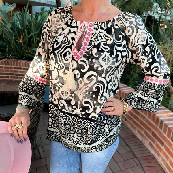 Viskosblus - Paisley - Svart/Rosa