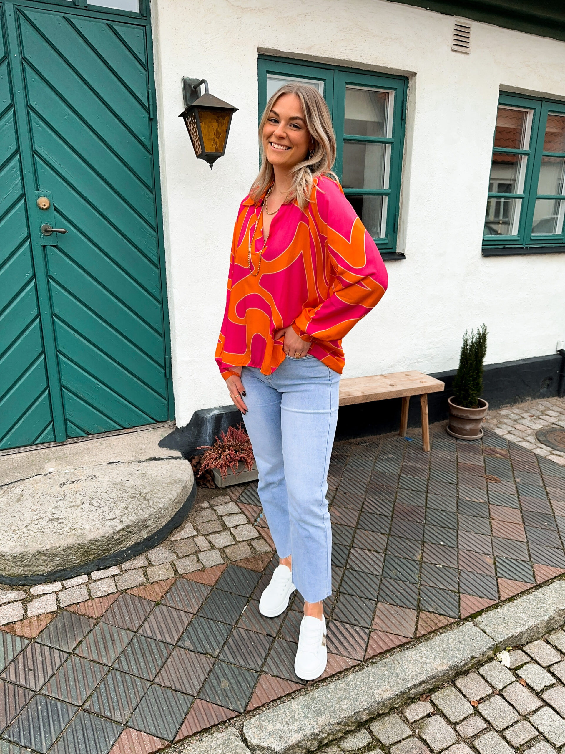 Mönstrad Blus - Cerise/Orange - Bild 2