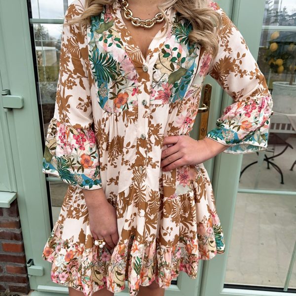 Blommönstrad Volangklänning - Beige