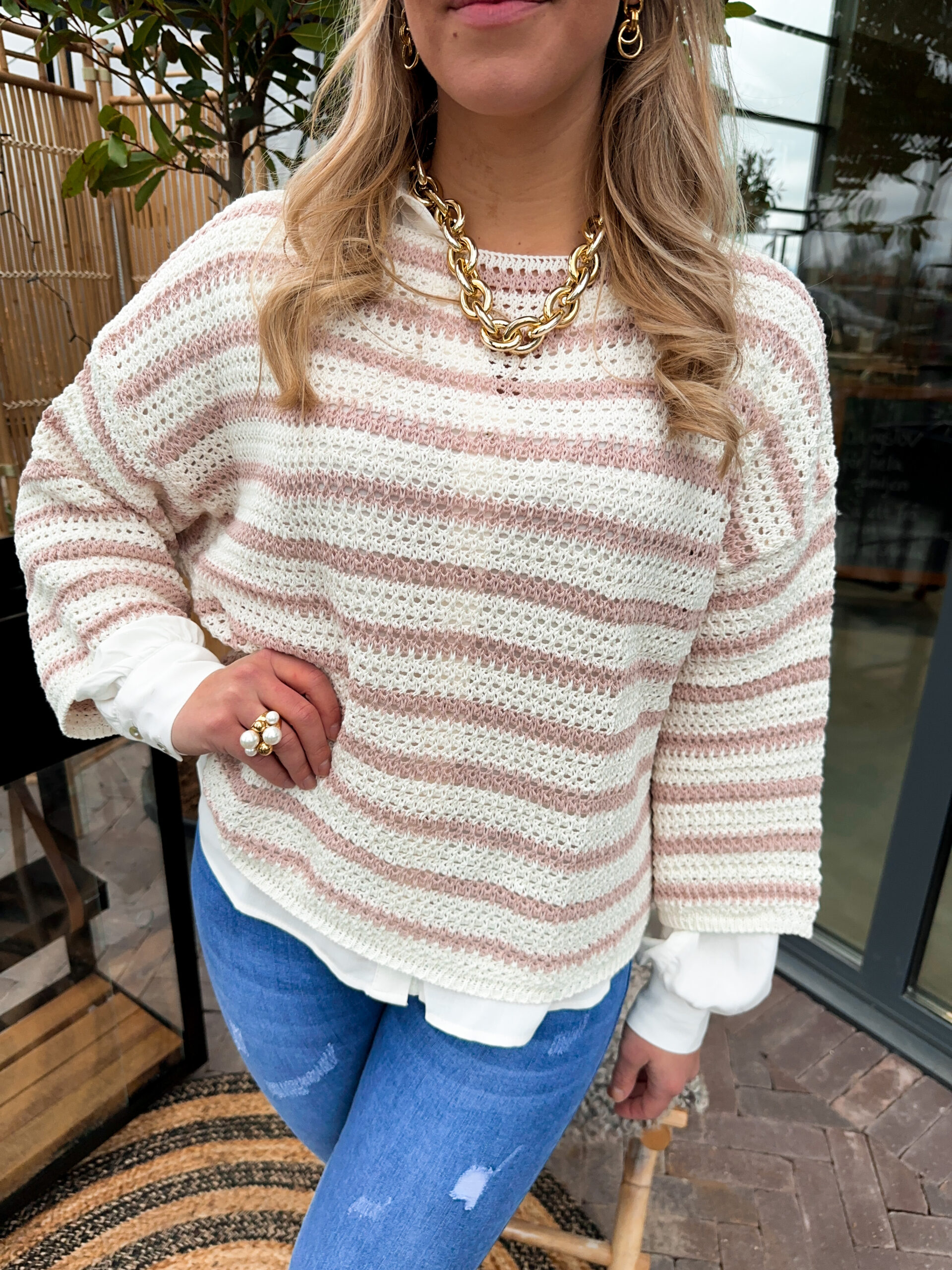 Grovstickad Randig Tröja - Rosa/Vit