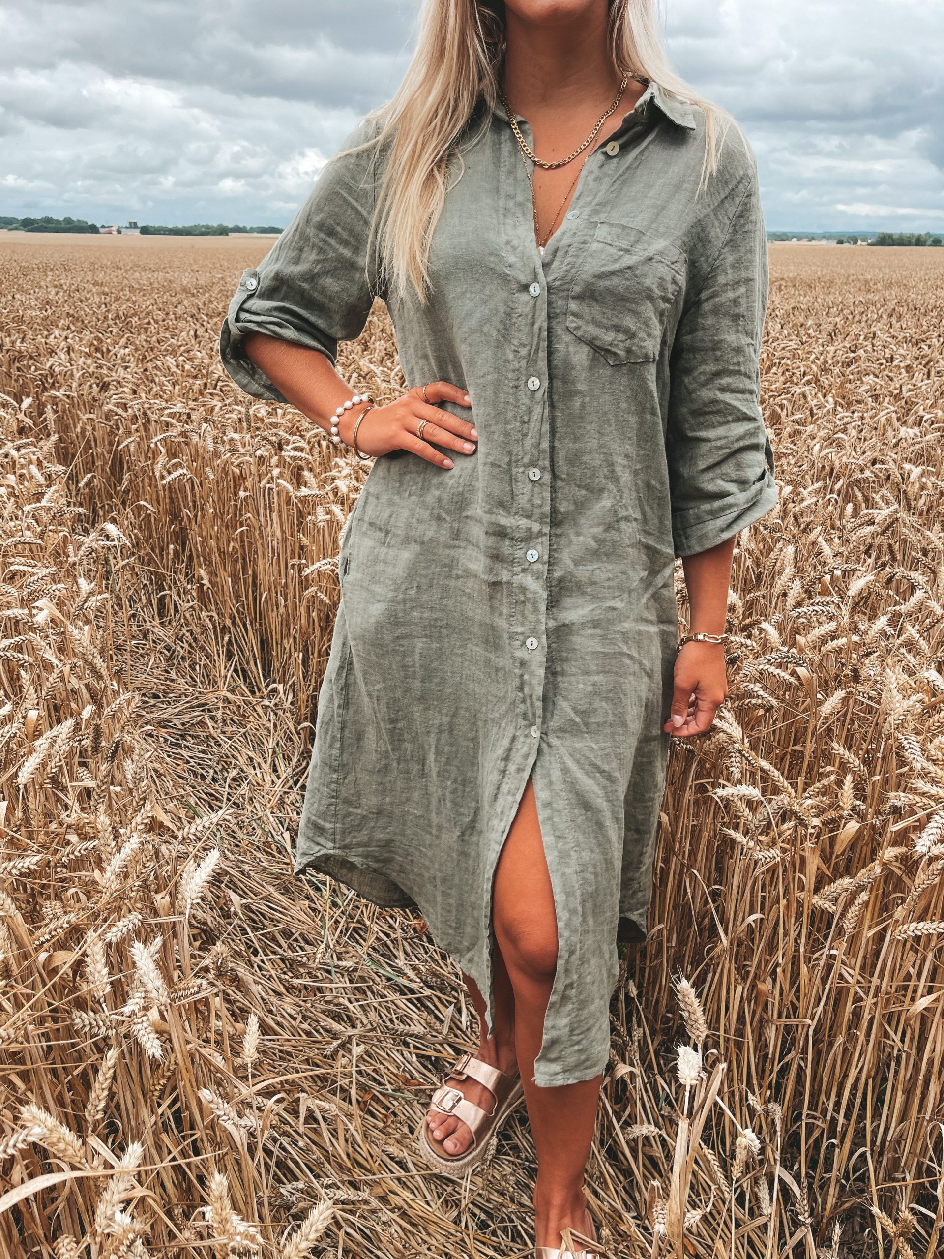 Skjortklänning - Linne - Khaki